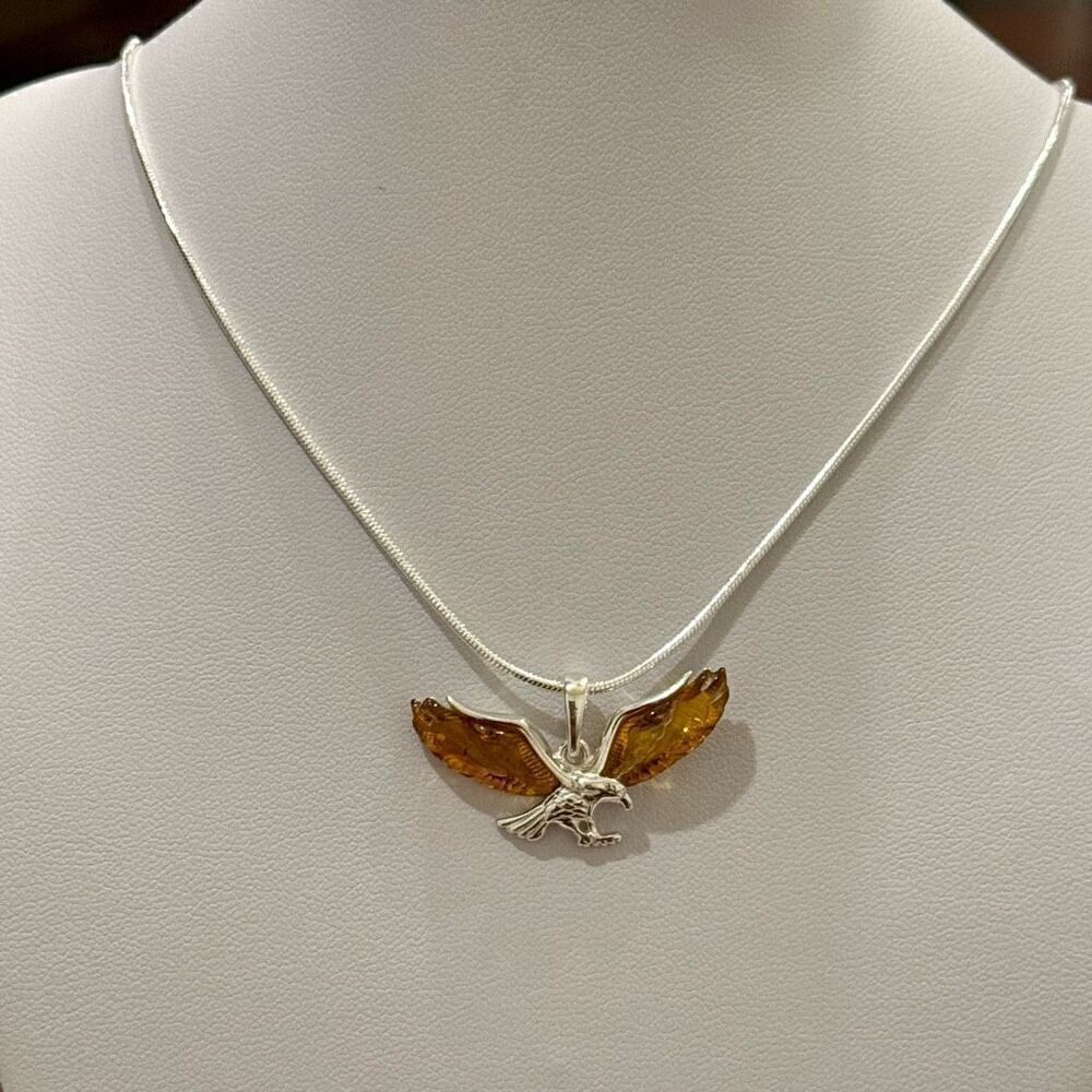 Honey Baltic Amber Eagle Sterling Silver Pendant Necklace Womens Men’s New